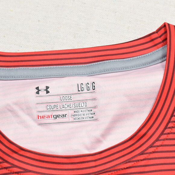 Under Armour Men T Shirt Crew Neck Striped Polyester Red Size L Loose Heatgear - Picture 8 of 8